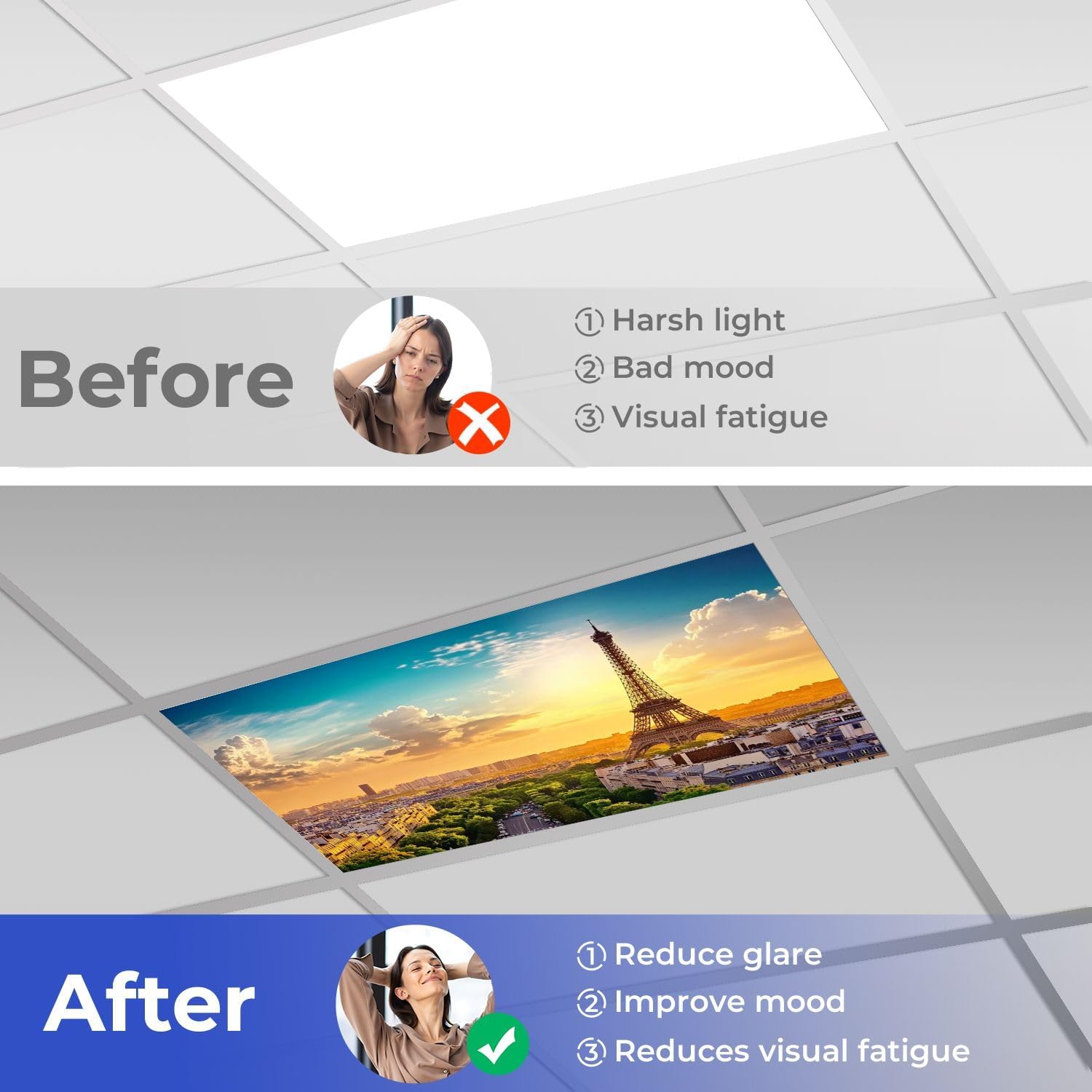 4 Pcs Fluorescent Light Covers for Ceiling Lights Eiffel Tower Paris Skyline Dawn Decorative Magnetic Classroom Light Filters 4x2 ft for Office Hospitals Home