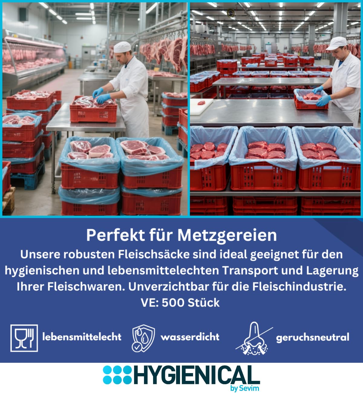 500 Einlegesäcke Fleischkistensack HDPE 10 µm – lebensmittelecht, reißfest & flüssigkeitsdicht – Auskleidungssack für E2‑Kisten/Eurobox – Gastronomie & Metzgereibedarf
