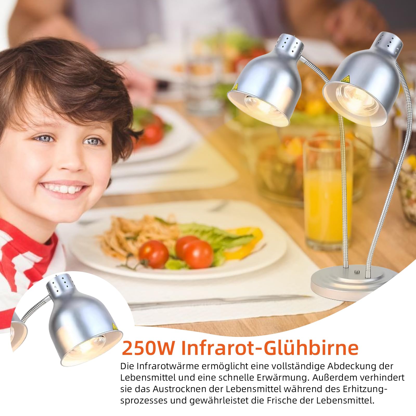Lampe chauffante de cuisine - 250 W - Lampe infrarouge - Double tête - Autonome - Pour buffets, salle à manger, hôtels, commerciaux, maintien au chaud - Argenté