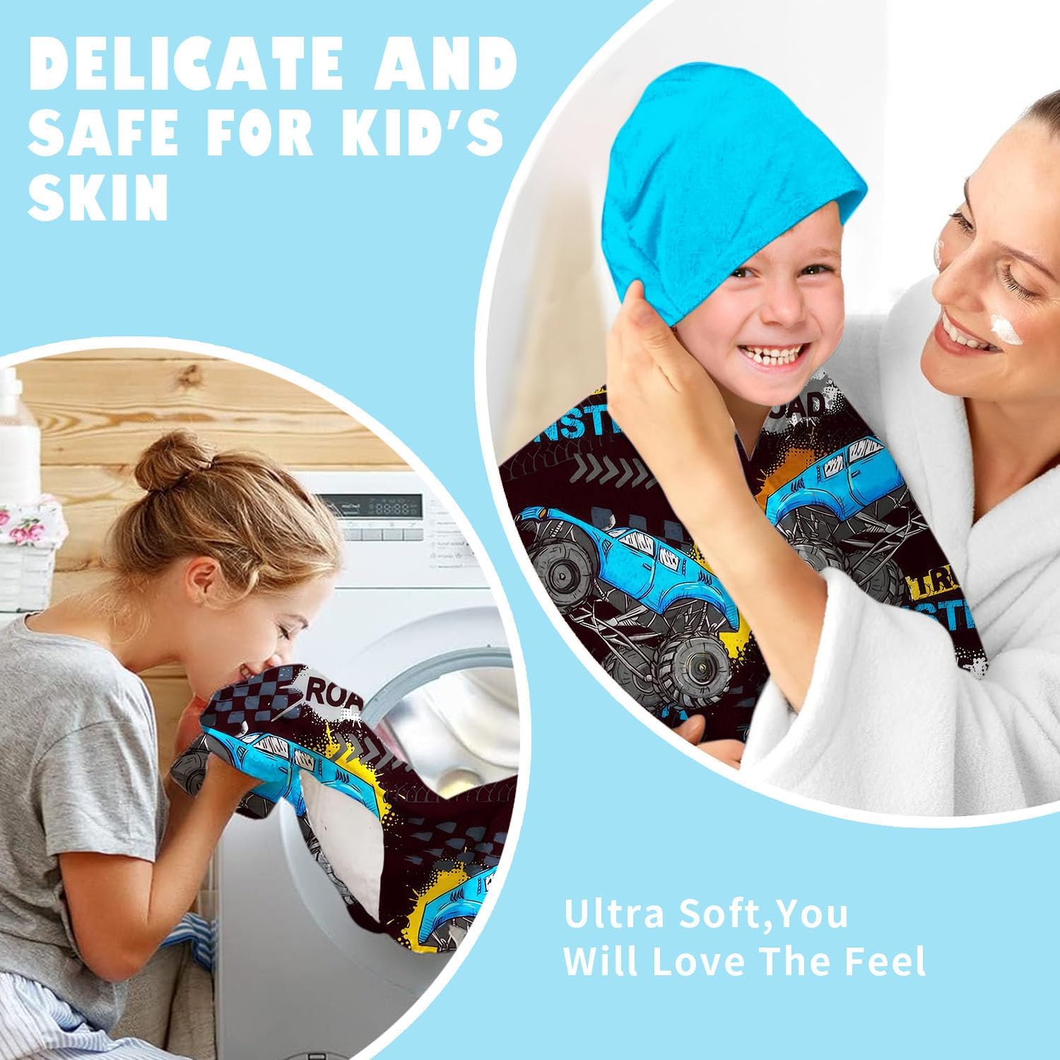 Engineering Vehicle Boys Beach Towel with Hoodie for Kids Toddlers Age 4-8,Car Blue Bath Towels Shower Wrap for Boys, Hooded Poncho Beach Blanket for Pool Swimming Cute Wearable Bath Towel for Child