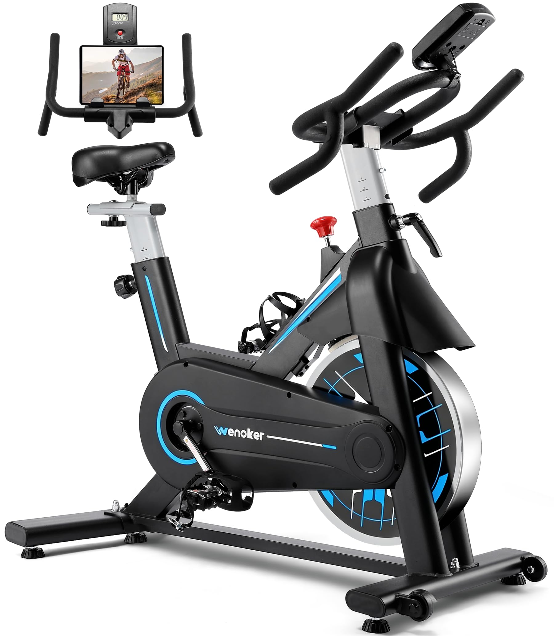 Exercise Bike, Wenoker Stationary Bike for Home, App Supported Indoor Bike with Adjustable Seat and Multi-grips Handlebar, Transport Wheels and Fitness Courses for Weight Loss[Blue]