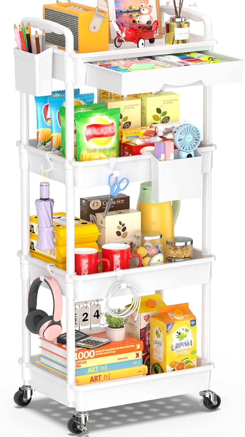 4 Tier Rolling Utility Cart with Drawer, Storage Organizer Cart with 2 Lockable Wheels, Multifunctional Rolling Storage Cart for Bathroom, Kitchen, Craft, Makeup, Baby Essentials, White