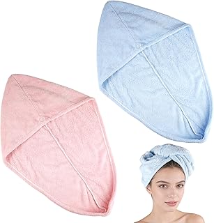 2 Piezas Toalla para el Pelo de Microfibra con Botones, 65 x 25 cm Toalla Pelo Microfibra Anti Frizz, Absorbente, para el ...