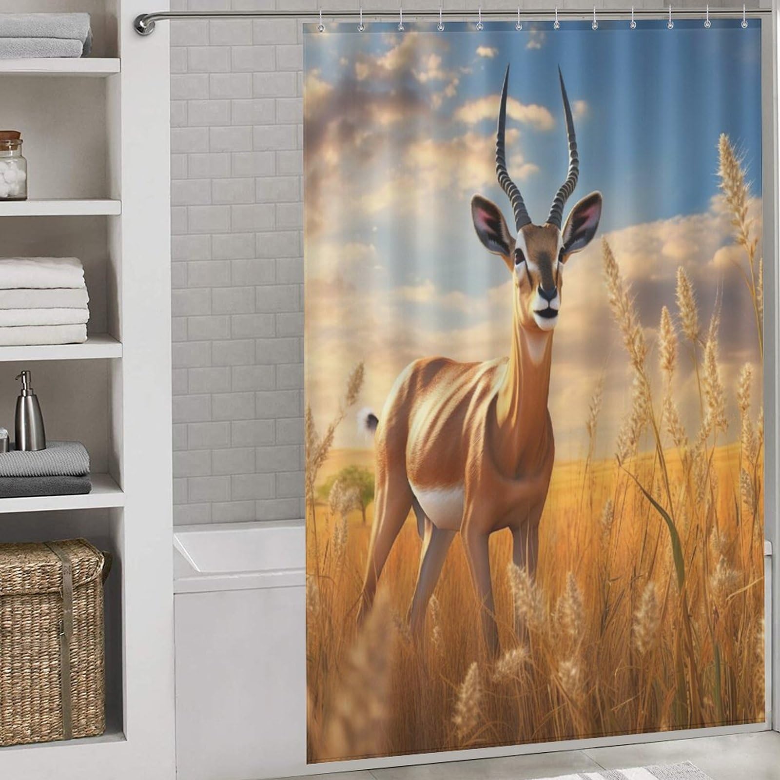 Rideau de douche Antilope anti-éclaboussures en tissu polyester lavable avec crochets