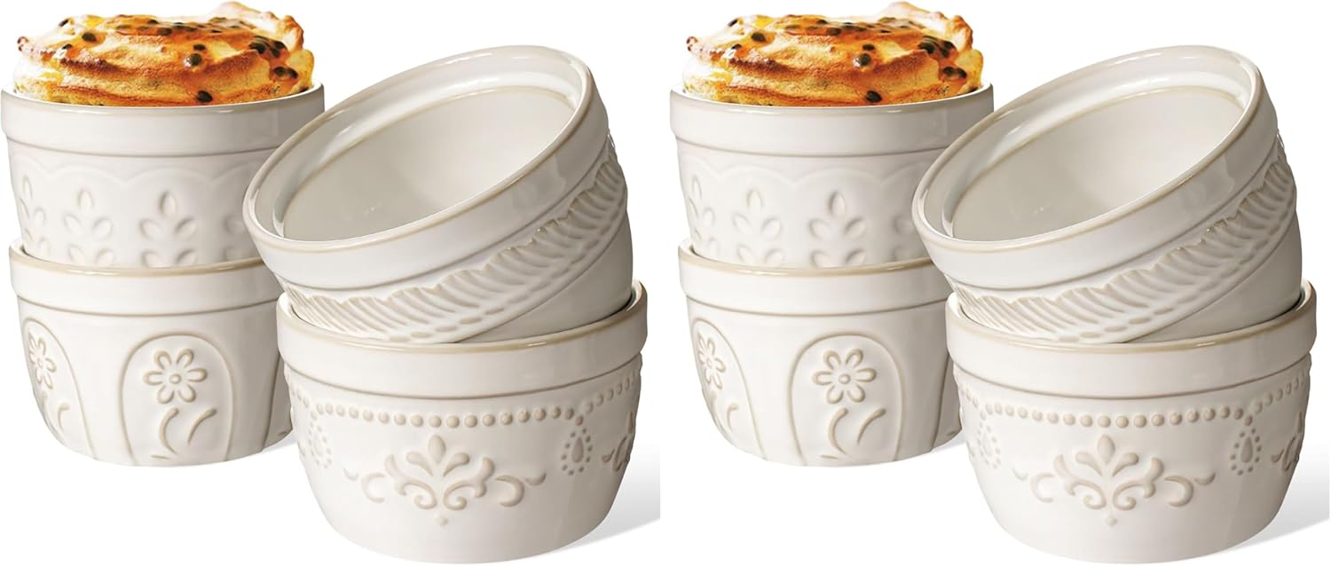 Artena Ramekins Oven Safe, Creme Brulee Ramekins, Embossed White Ceramic Ramiken, Souffle Pudding Custard Cups, Baking Dish, Dipping Bowls, Sauce Cups, Set Of 4 (Multiple Patterns, 8 oz) (Pack of 2)