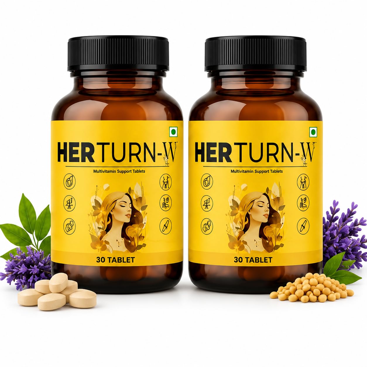 HER TURN-W Menopause Wellness Support Tablets for Women | Soya Isoflavones with Vitamins & Minerals | Supports Hormonal Balance, Bone Health, Mood, Skin & Hair Wellness | Pack of 2 (60 Vegetarian Tablets)-image-45