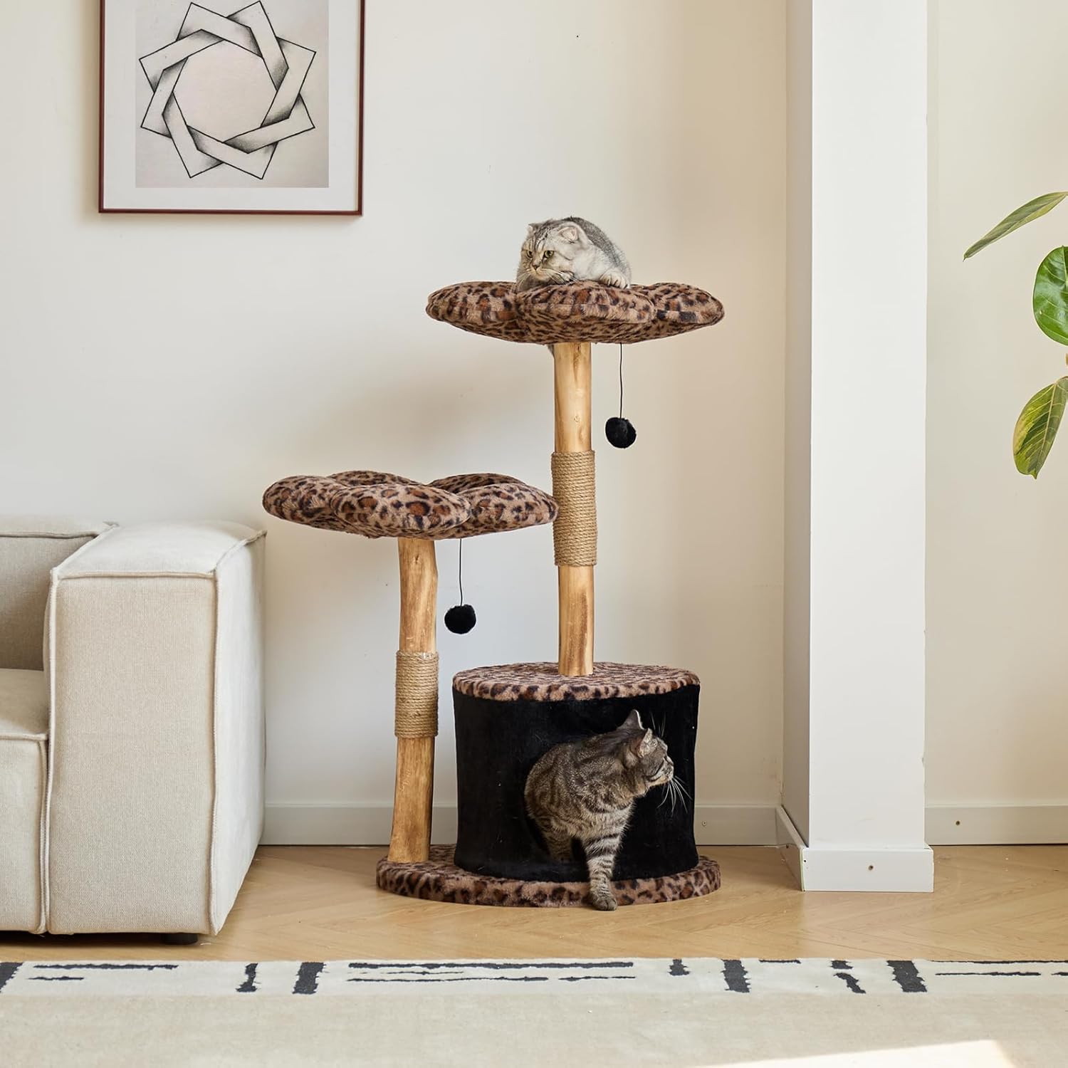 Modern Floral Cat Tree Tower with Real Wood Branch| Multi-Level Cat Tower with Scratching Posts | Cute Aesthetic cat Tree with Luxury cat condo for Indoor Cats (Leopard Flora)