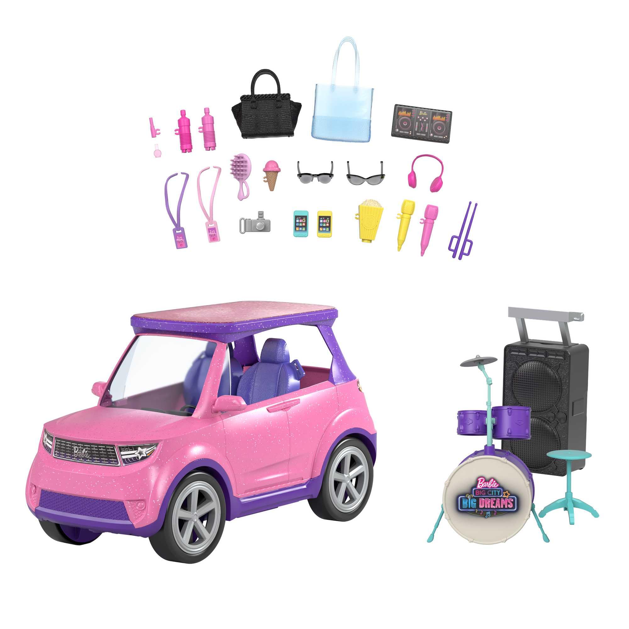 Barbie Big City Big Dreams véhicule Concert Transformable pour poupée, Voiture avec 20 Accessoires, Jouet pour Enfant, GYJ25