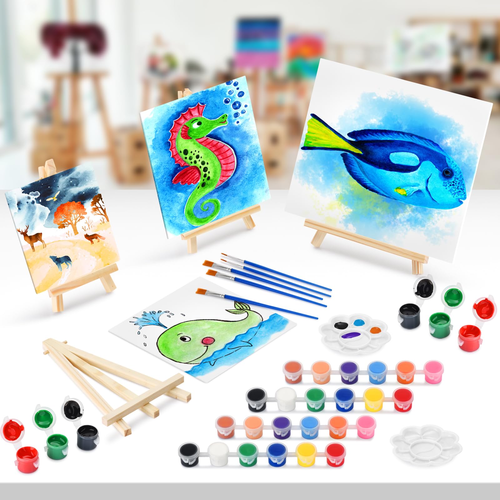 Juego de 10 lienzos de pintura acrílica, mini kit de pintura de lienzo con tableros de lienzo de 8 x 10 pulgadas, caballete de madera, 20 pinceles, pintura de 12 colores, 10 paletas, suministros de