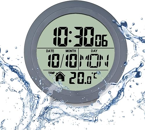 Reloj de pared digital impermeable para baño, reloj de pared interior con ventosa, marco de plástico, opción flexible para colgar o estar de pie,