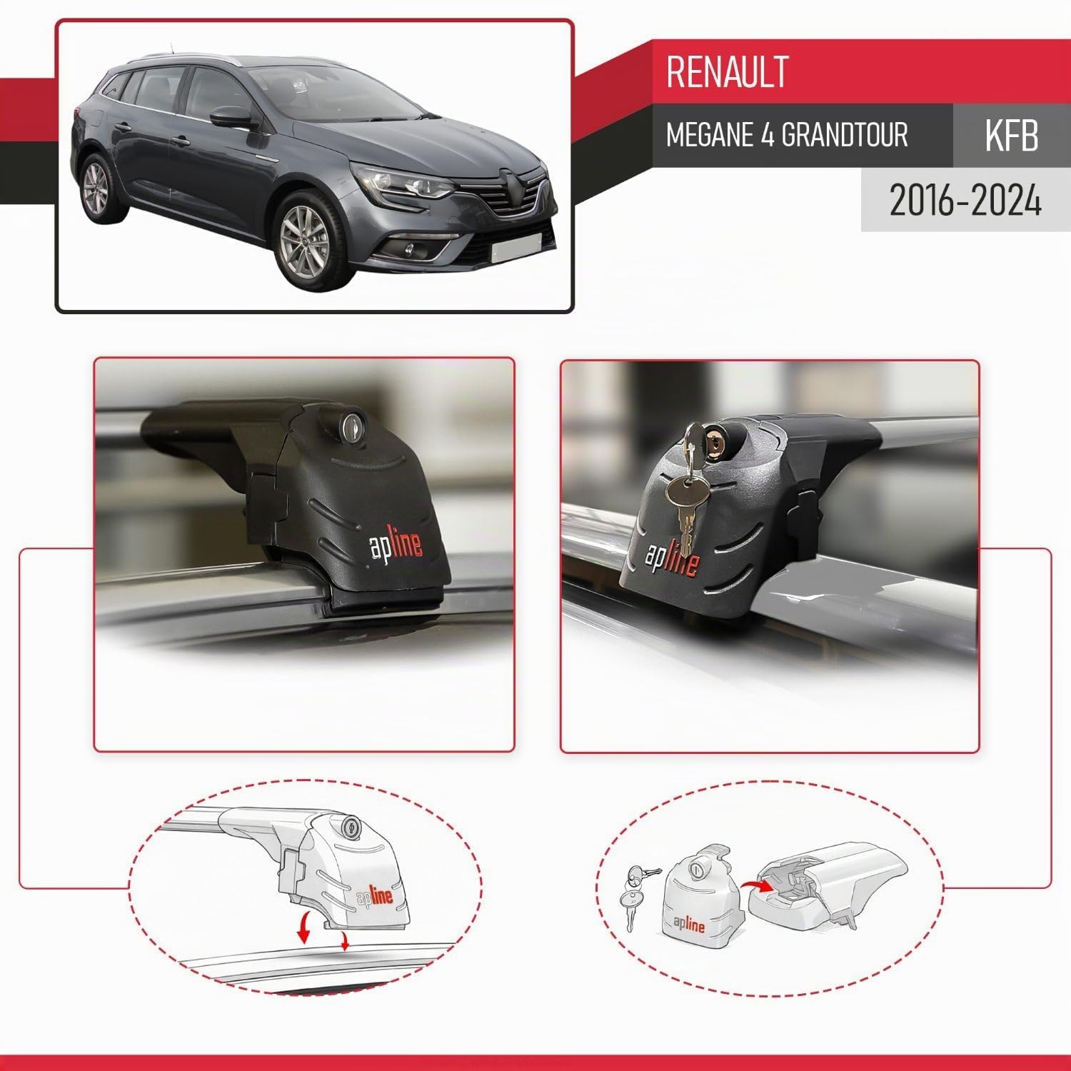 Compatible avec Renault Megane 4 (KFB) Grandtour 2016-2024 ACE-2 Modèle Barres de Toit Railing Porte-Bagages de Voiture Aluminium Gris 2 Barres