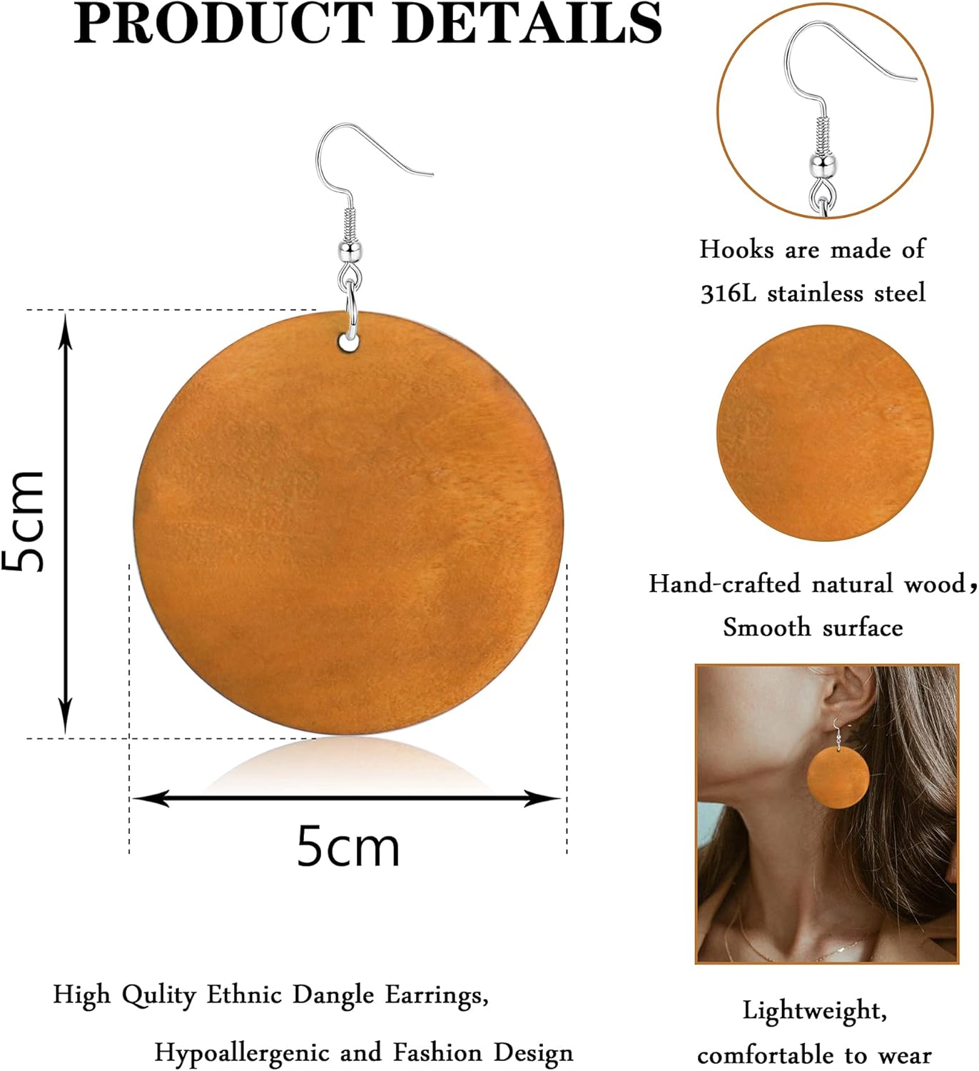 Miniatura 2 de Fansilver 6-16 pares de aretes de madera para mujer, aretes colgantes de madera africana, aretes naturales ligeros, étnicos, aretes geométricos de