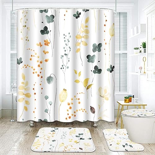 ArtSocket Juego de baño floral amarillo con cortina de ducha y alfombras y accesorios, juego de cortina de ducha de hojas de flores verdes de