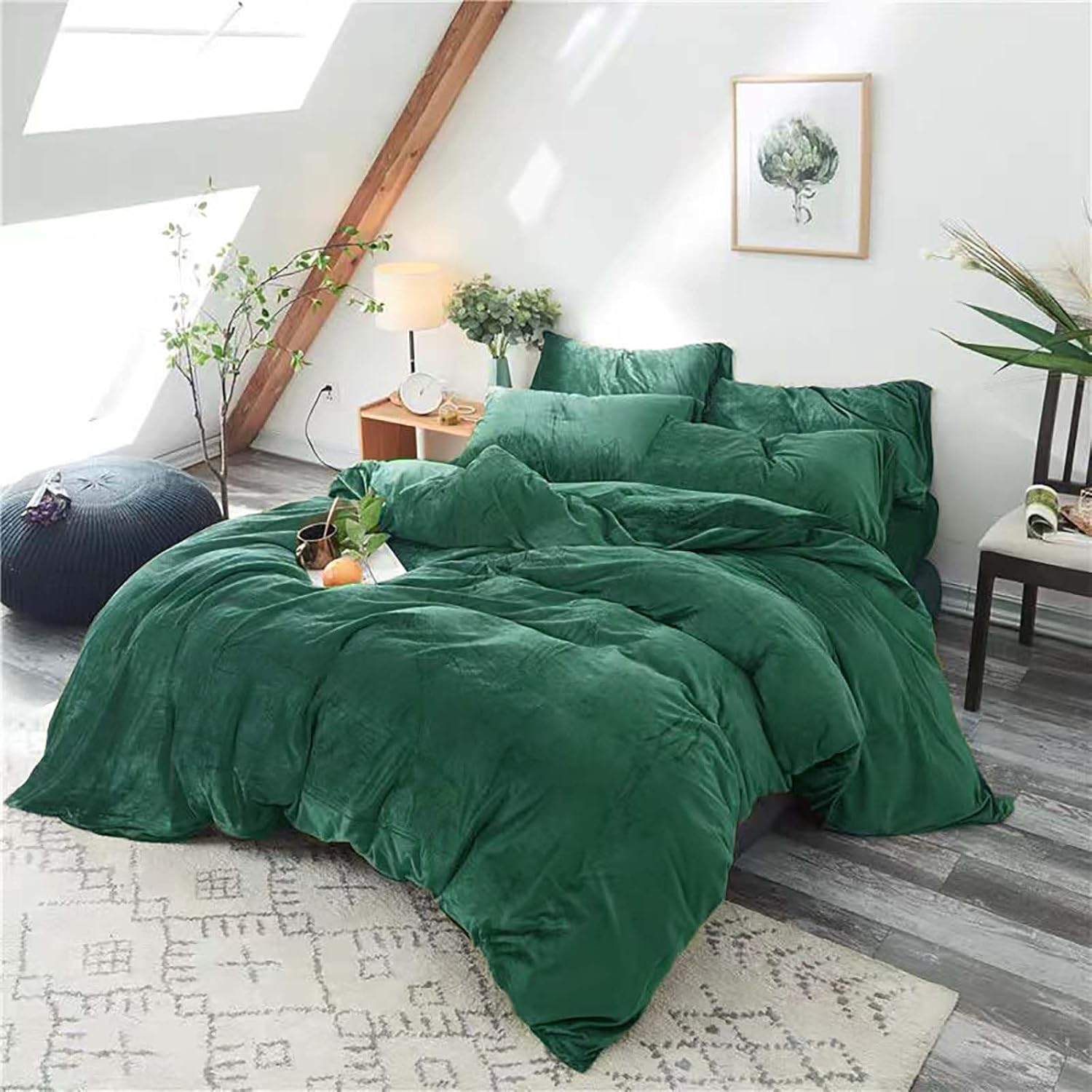 Emerald Green Velvet Duvet Cover - Ultra Soft Luxurious 3PCS Set With Zipper Closure and Corner Ties (Dark Sage, Queen 90"90")