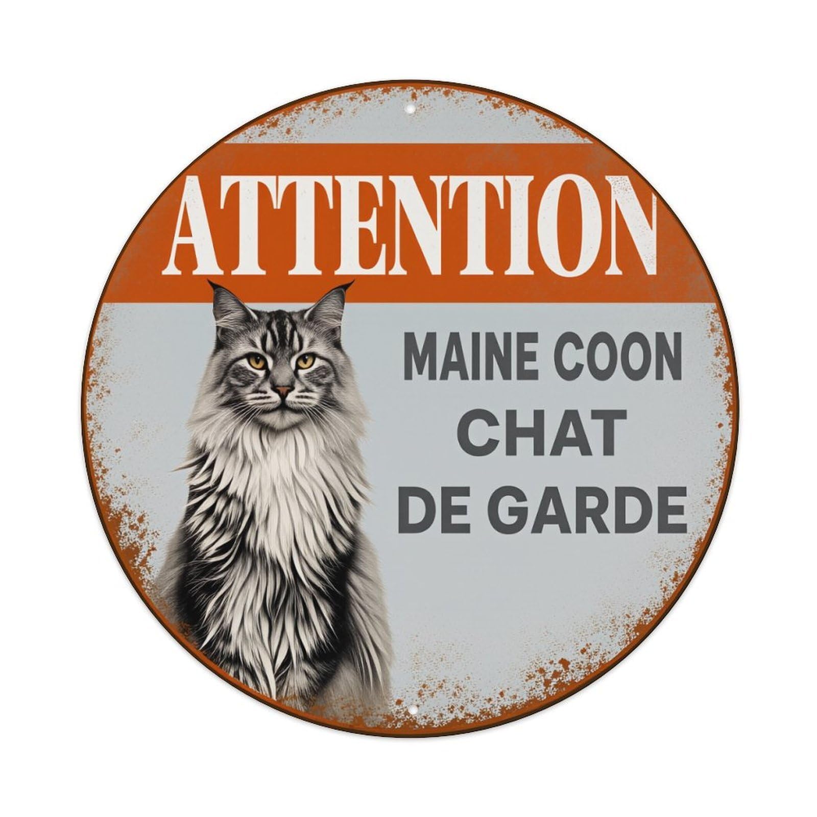Attention Maine Coon Guard Cat Round Tin Sign Vintage Style Metal Sign Home Bar Garden Wall Plaque Decor Metal Poster 8x8 Inch