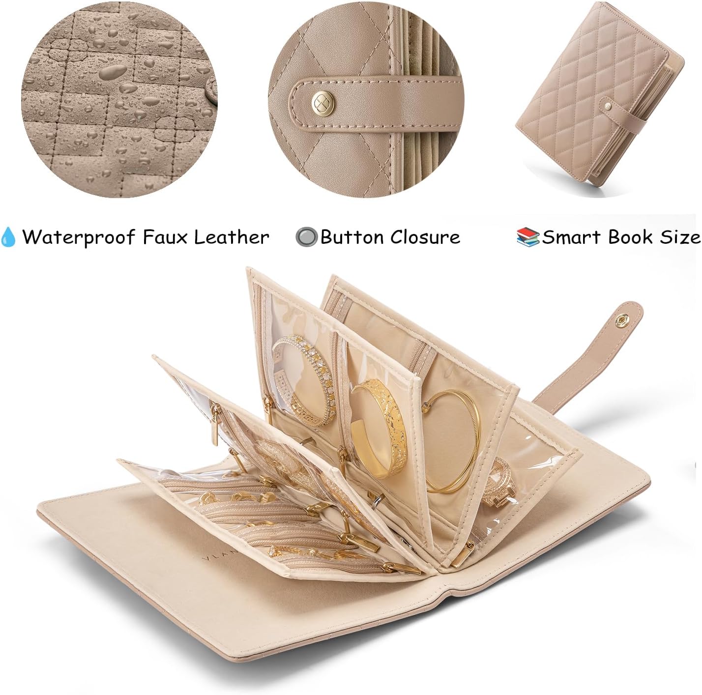 VLANDO Jewelry Book Organizer - Leather Travel Jewelry Case with 5 Detachable Pages for Necklaces, Rings, Earrings, Tangle-Free, Giftable, Latte