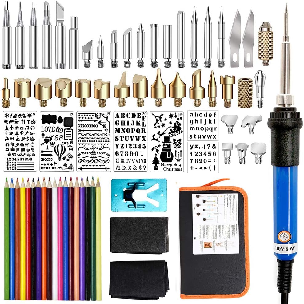 77Pcs Wood Burning Kit,Pyrography Pen Set for Wood Burning/Carving/Embossing/Soldering,with Adjustable Temperature Soldering Pen,Pyrography Tips,Stencils,18 Color Pencils(UK Plug)