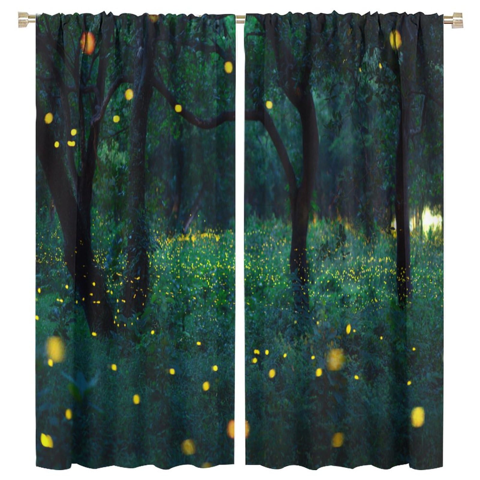 Firefly Blackout Window Curtain,Bokeh Light of Firefly Flying in Forest at Dusk for Kids Boy Girl Baby Bedroom Nursery Living Room Decor Drapes 2 Panels 63x72in