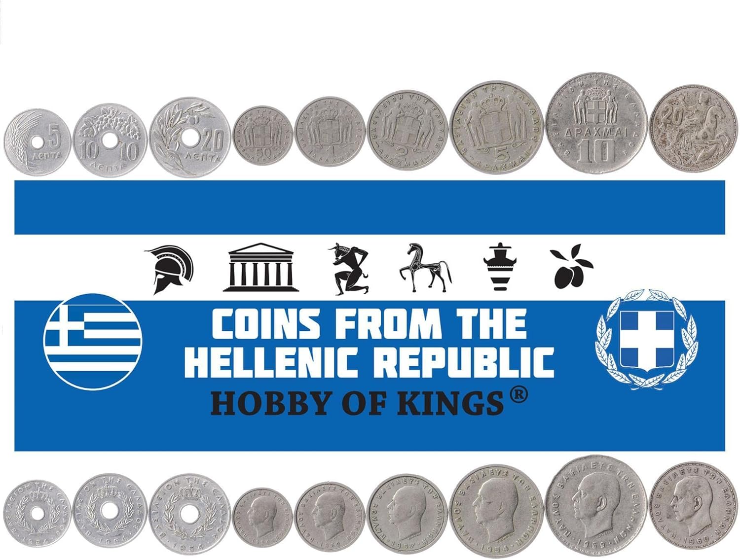 7 Coins from Greece | Greek Coin Set Collection 10 20 50 Lepta 1 2 5 10 Drachmai | Circulated 1966-1971 | Constantine II