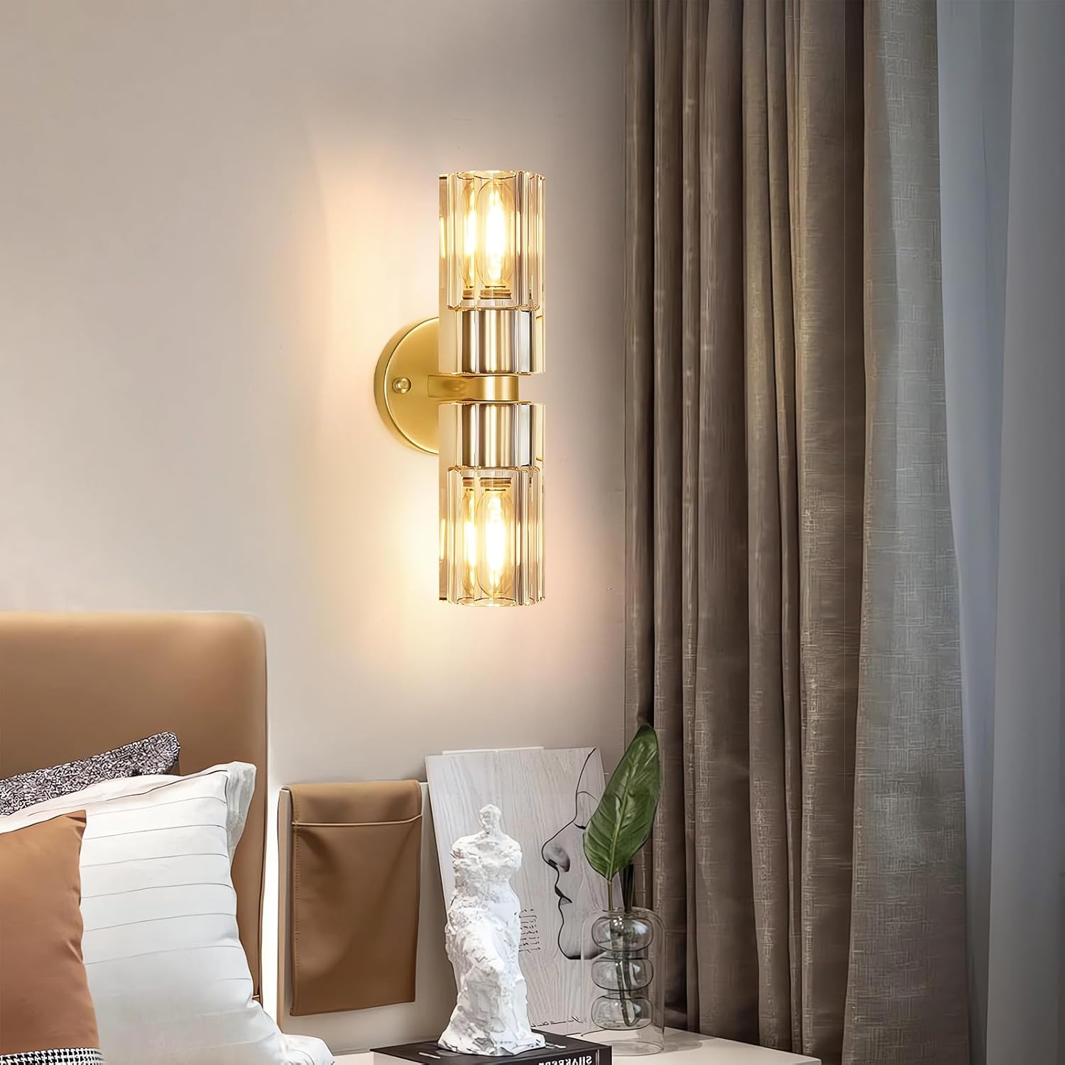 Gold Wall Sconce, Modern Bathroom Sconces Wall Lighting Vanity Light Fixtures with Clear Crystal, Hardwired Brushed Brass Wall Mount Lights for Living Room Corridor Mirror Bedroom Stairs