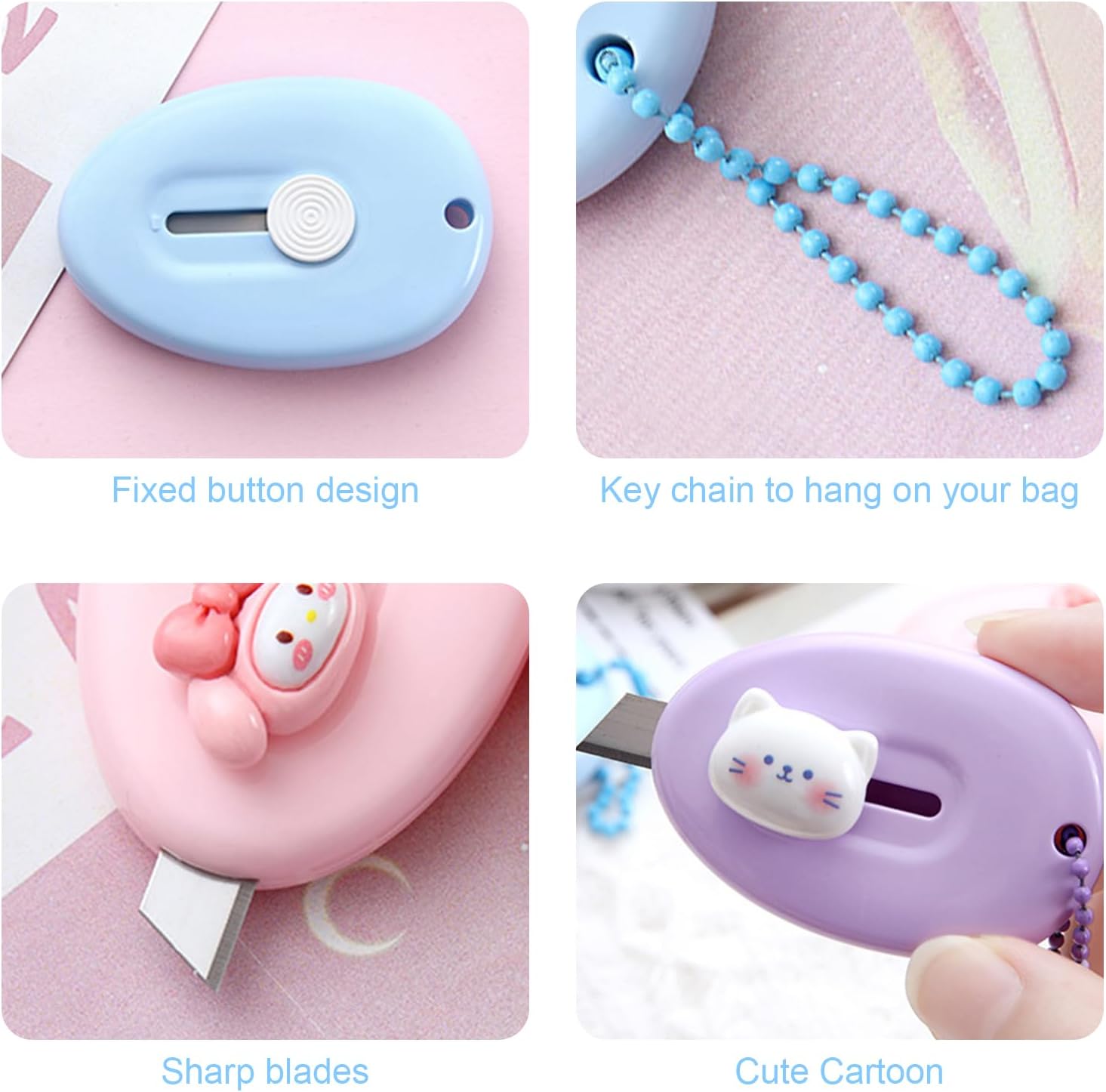 6-piece cute box cutter Retractable box opener Set, mini box cutter,package opener, multi-Function knife suitable for School Office Supplies and Stationery, DIY crafts with Key Chain