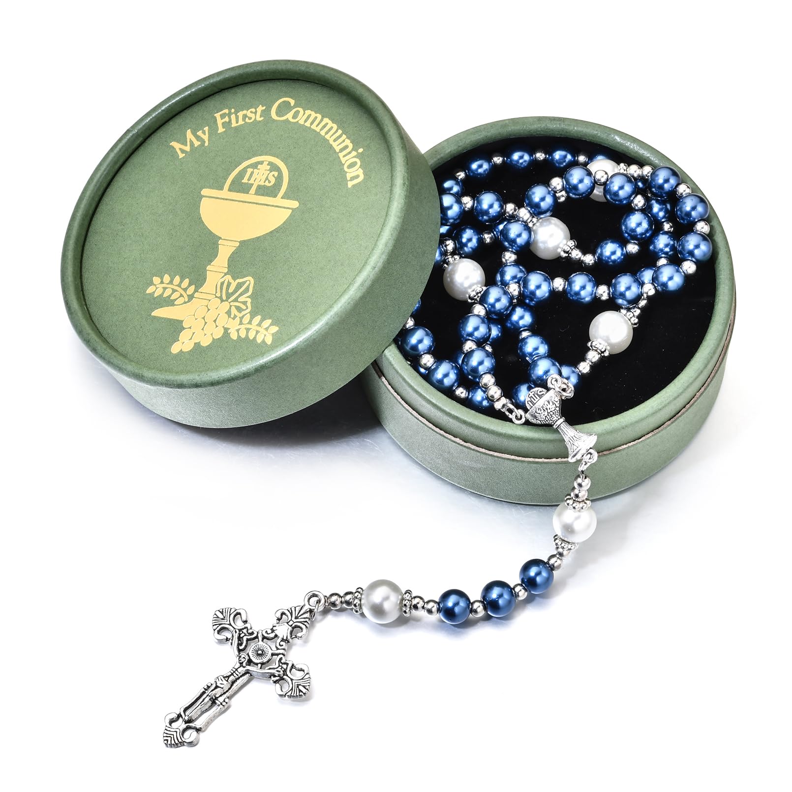 Merroyal First Communion Rosary with Glass Pearl Beads, Ornate Crucifix and Chalice Centerpiece, 18.5 Inches, Gift Box and Satin Bag Included - 5