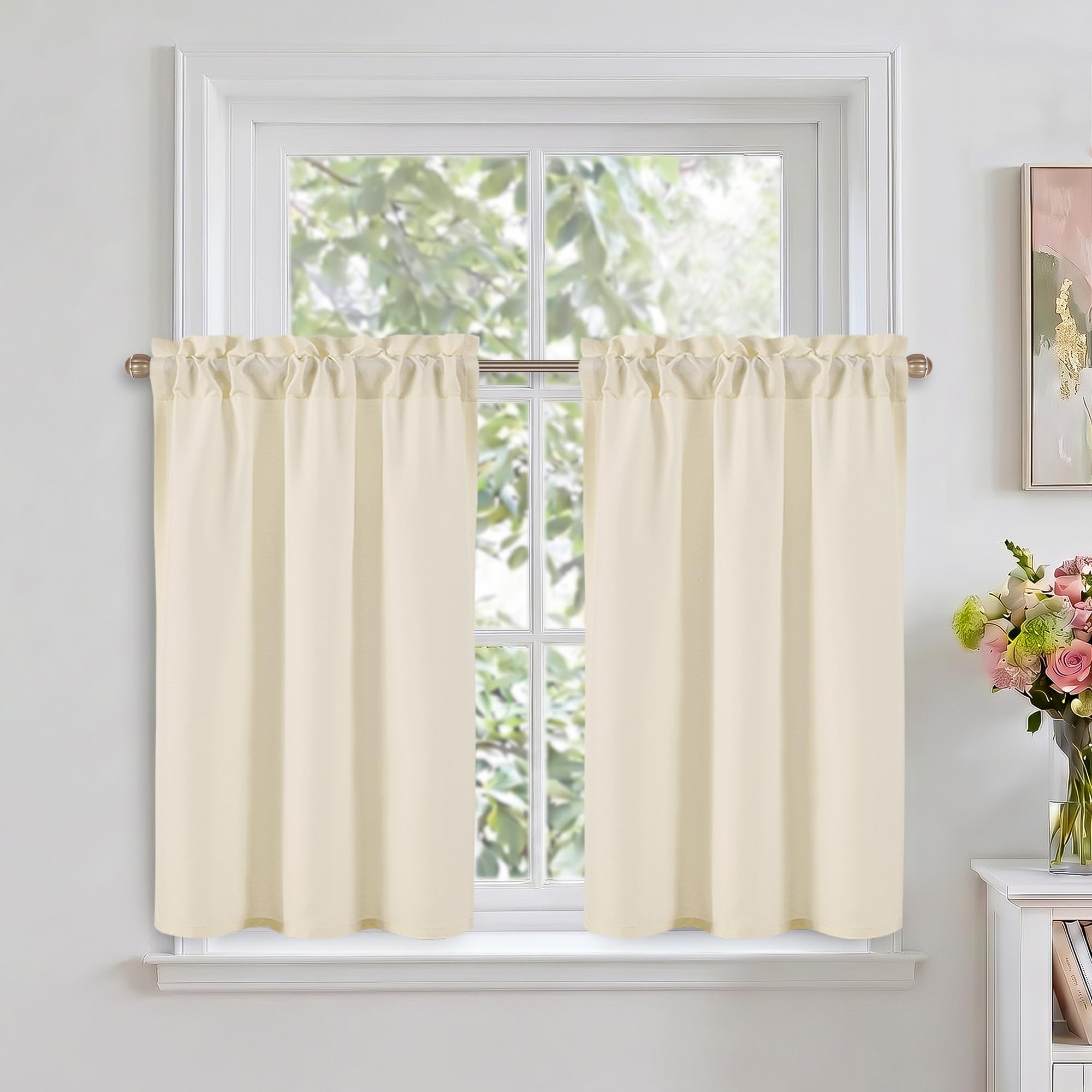 DWCN Champagne Faux Linen Kitchen Curtains, 24 Inch Drop Cafe Curtains for Small Windows, Solid Colour Short Window Curtain Tiers for Bathroom, Cupboard, Rod Pocket, W 26 x L 24 Inch, 2 Panels
