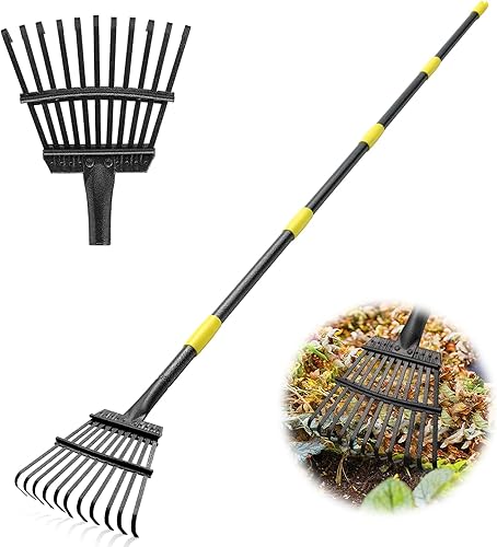 Rastrillo de jardín para hojas, rastrillo de metal resistente para patio, césped, arbusto, césped, césped, mantillo, cabeza pequeña de 8.5 pulgadas,