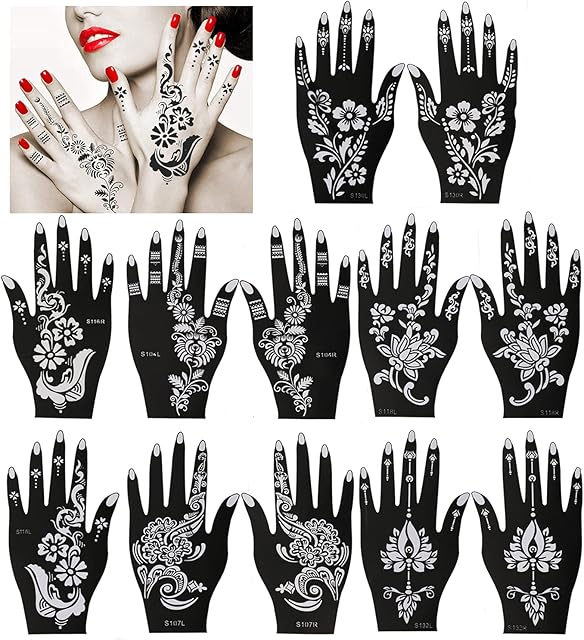 Konsait Pack Of 12 Sheets Black Tattoo Stencil, Hand Temporary Tattoo Kit Templates, Indian Arabian Self Adhesive Tattoo Sticker for Hand Body Art Paint for Adults Women Teenager Girls