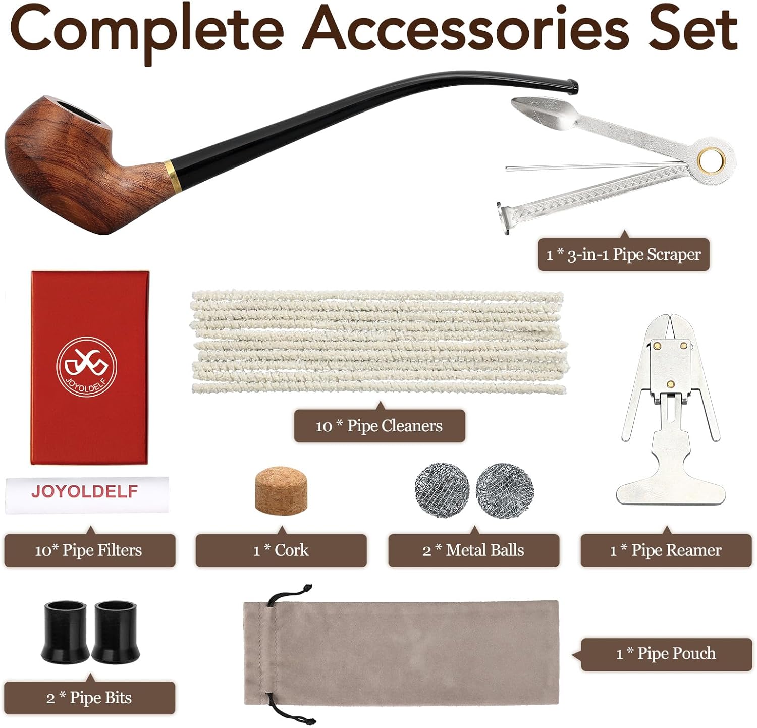 Joyoldelf Churchwarden Tobacco Pipe Set – Handmade Rosewood Smoking Pipe with Long Curved Stem, Wooden Tobacco Pipe for Men, Flat Bottom Design, Gift Box Pipe Kit for Beginners & Collectors