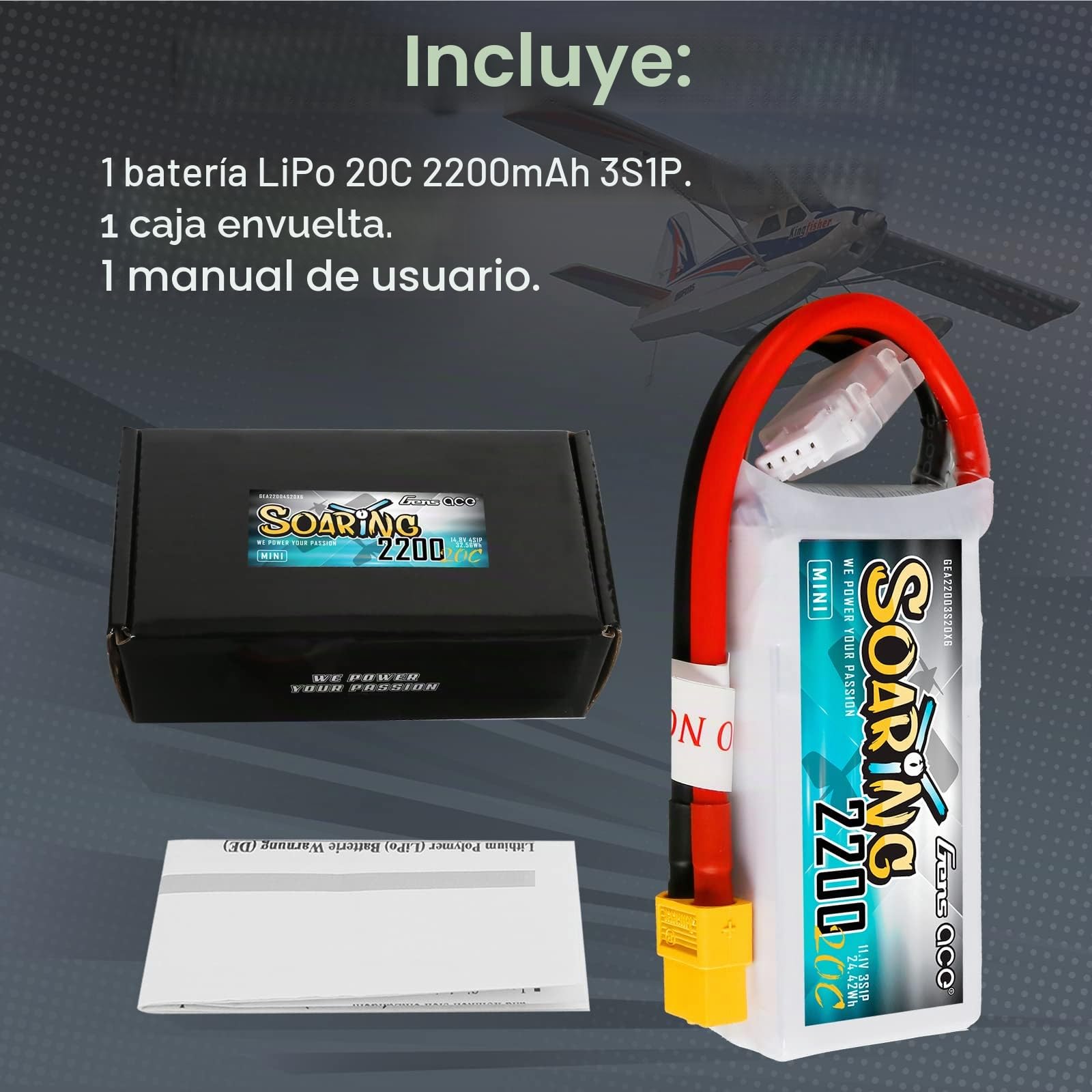 Gens ace 3s Batería Lipo 2200mAh 11.1V 20C Soaring con XT60 para RC Avión, Helicóptero, Quadcopter, Coche, Barco, Hobby