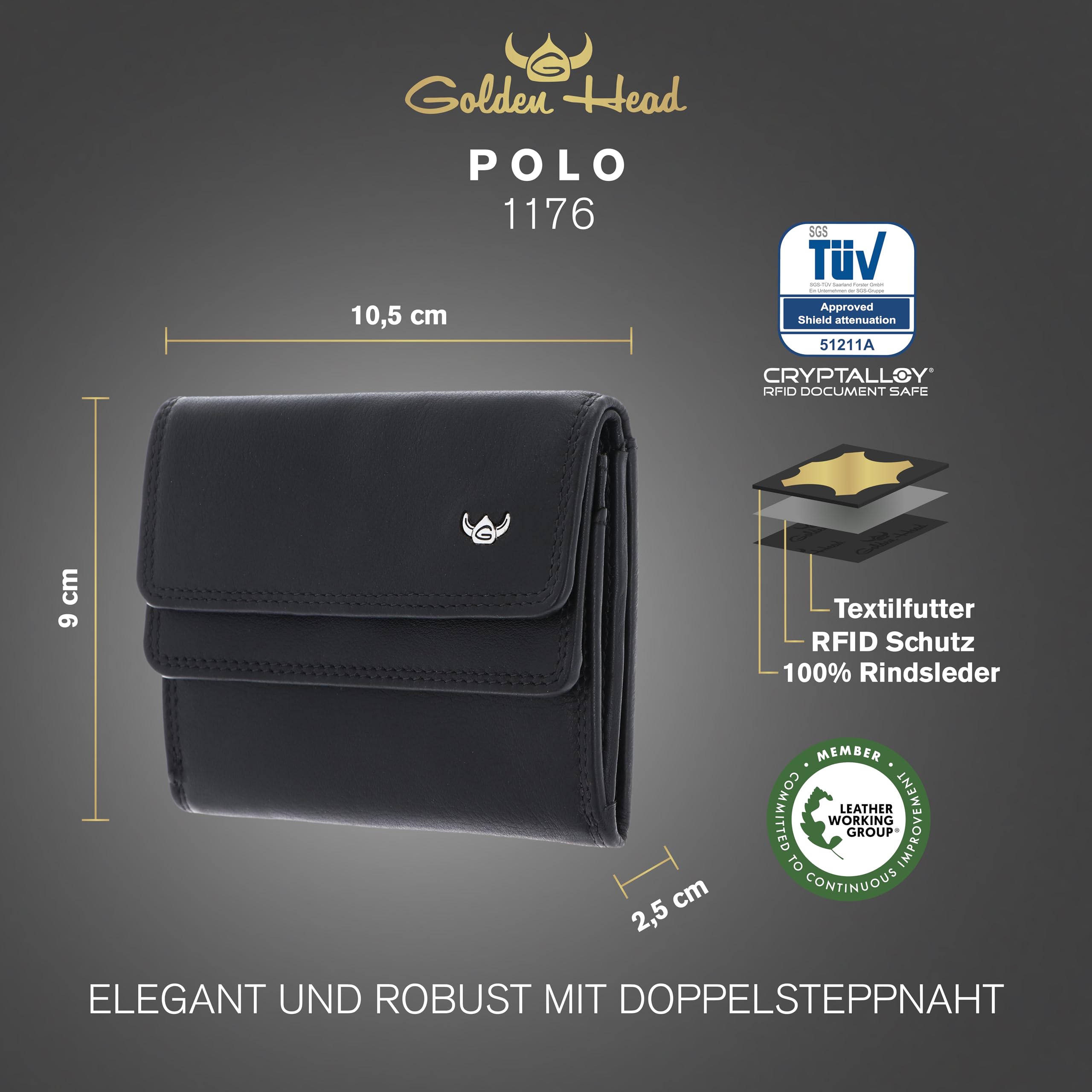Golden Head Leder Geldbörse Polo RFID Protect Überschlagbörse 1176 Schwarz