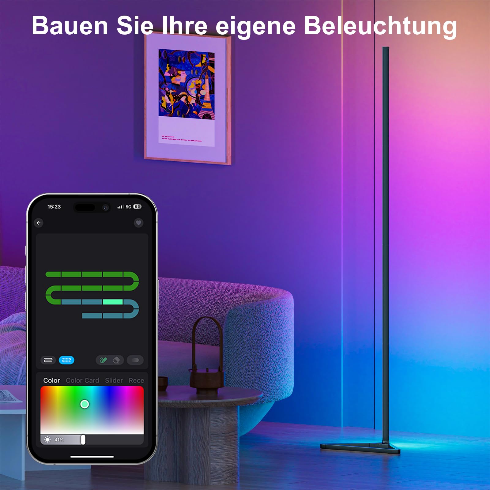 LED Stehlampe Wohnzimmer, 140cm Ecklampe RGB Dimmbar mit Fernbedienung und APP, 16 Millionen Farben, Musikmodi, DIY-Modus & Timing -Funktion für Schlafzimmer, Spielzimmer, Büro, Lesesaal