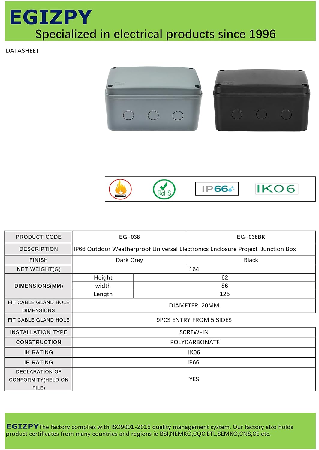 EG-038 IP66 Outdoor Weatherproof Universal Electronics Enclosure Project Dark Grey Conduit Junction Box 4.93"X3.39"X2.44"Medium