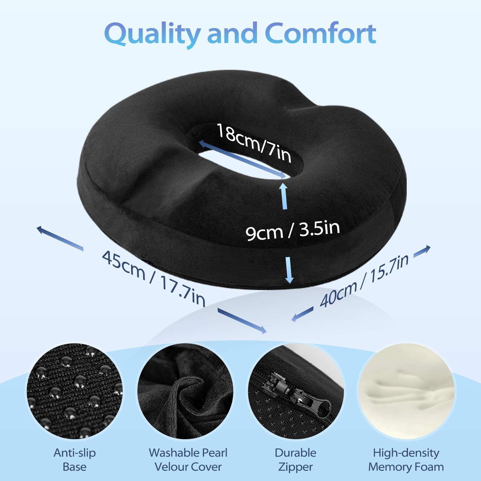 HOMCA Poduszka do siedzenia na hemoroidy, ortopedyczna, donut z pianki memory, ergonomiczna poduszka do siedzenia na wózkach inwalidzkich, samochody i krzesła biurowe, 45x40x9cm