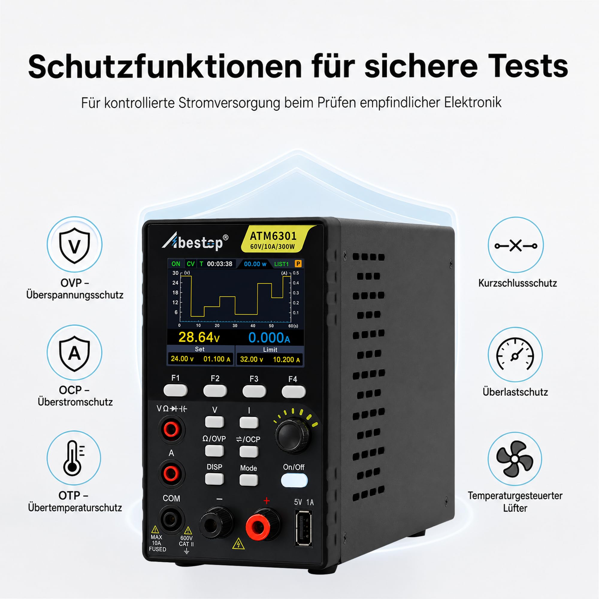ATM6301 Fonctions 2 en 1 Alimentation CC + Multimètre 0-60V/0-10A/300W Plusieurs Fonctions de Protection avec 2,8 Pouces LCD Charge USB