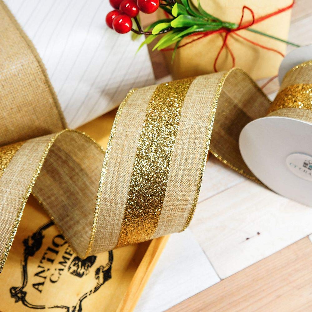Waydress Burlap Jute Christmas Ribbon - 10 Yards, 2.5 Inch Wide, Red Black Gold Glitter Wired Edge