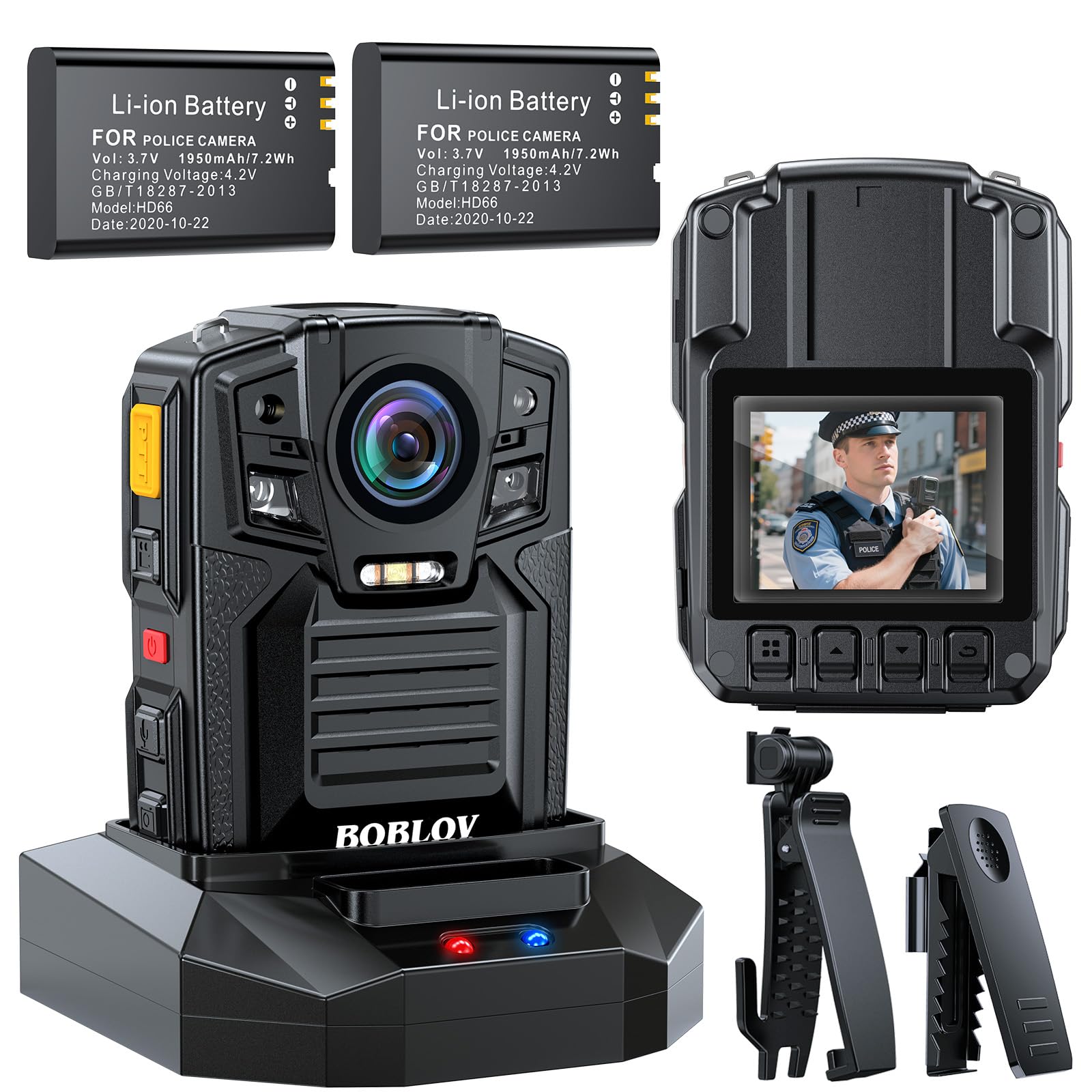 BOBLOV D7 2K Body Camera, 2 * 1950mAh Batteries with Charging Dock, IP67 Waterproof, Body Camera with Audio and Video Recording, 170° Wide-Angle,