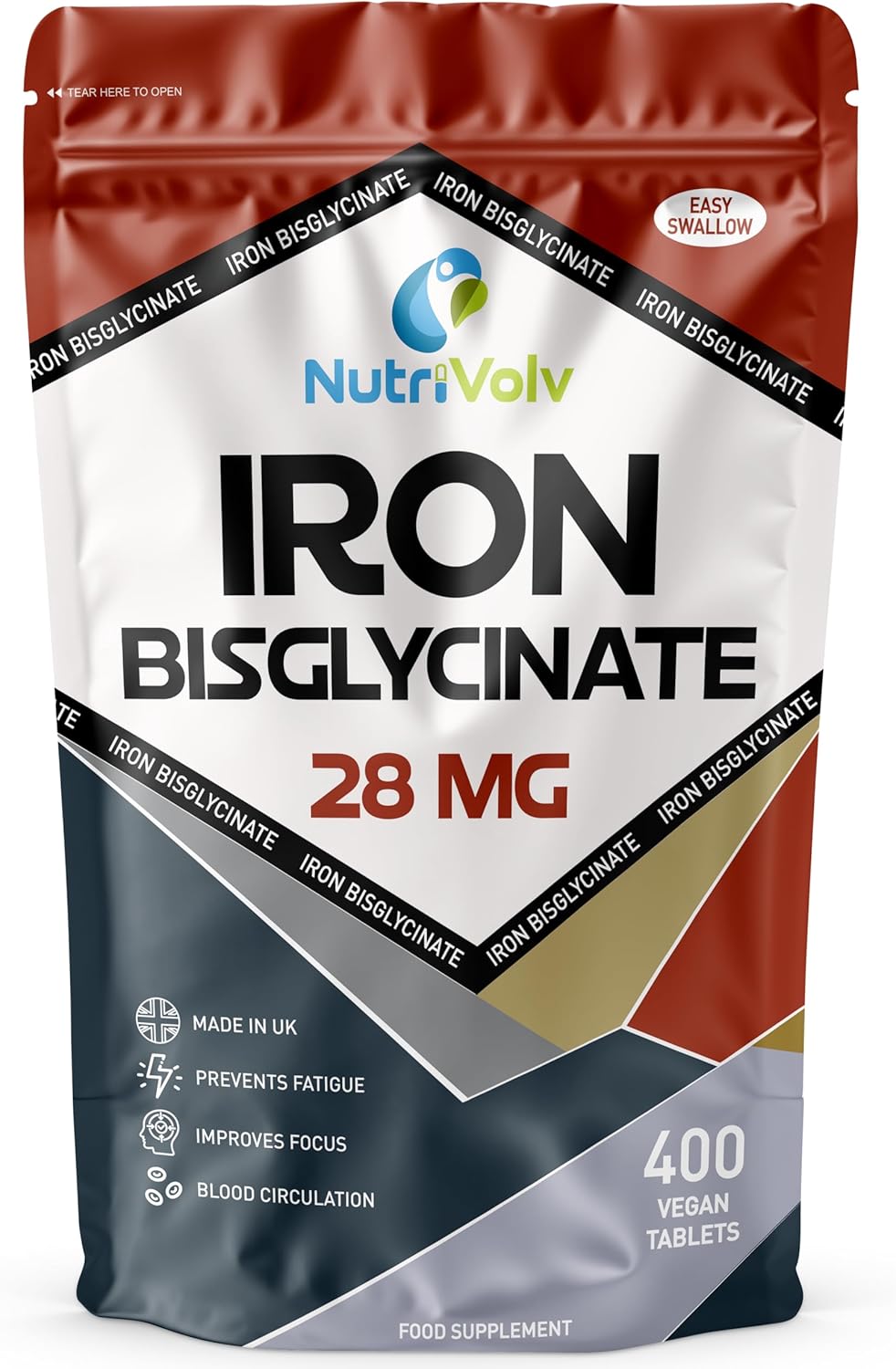 Iron Bisglycinate 28mg | 400 Tablets (6+ Months Supply) | Gentle High Absorption Iron Supplements for Women & Men | Immune System Booster | Ferrous Bisglycinate Form | Non-GMO | Vegan | by NutriVolv
