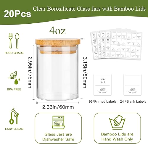 Miniatura 2 de Tarros de vidrio para especias de 4 onzas con tapas de bambú, paquete de 20 recipientes de vidrio de borosilicato transparente para almacenamiento