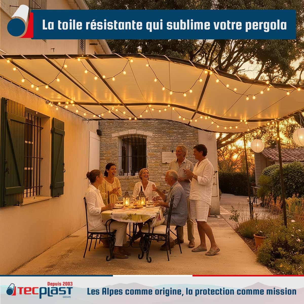 TECPLAST Pack Toile Pergola Blanc Crème 3x4 m + Sandow Ivoire 20m - Bâche Pergola prête à Poser LP506PR Garantie 5 Ans