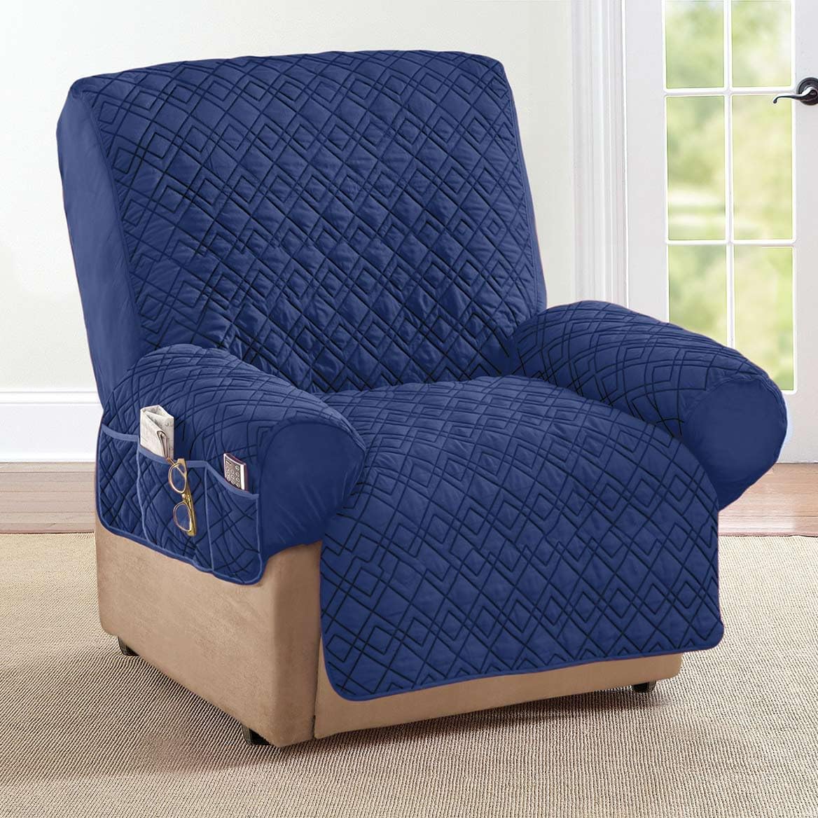Collections Etc Diamond-Shape Quilted Stretch Recliner Cover with Storage Pockets and Elastic Straps - Furniture Protector