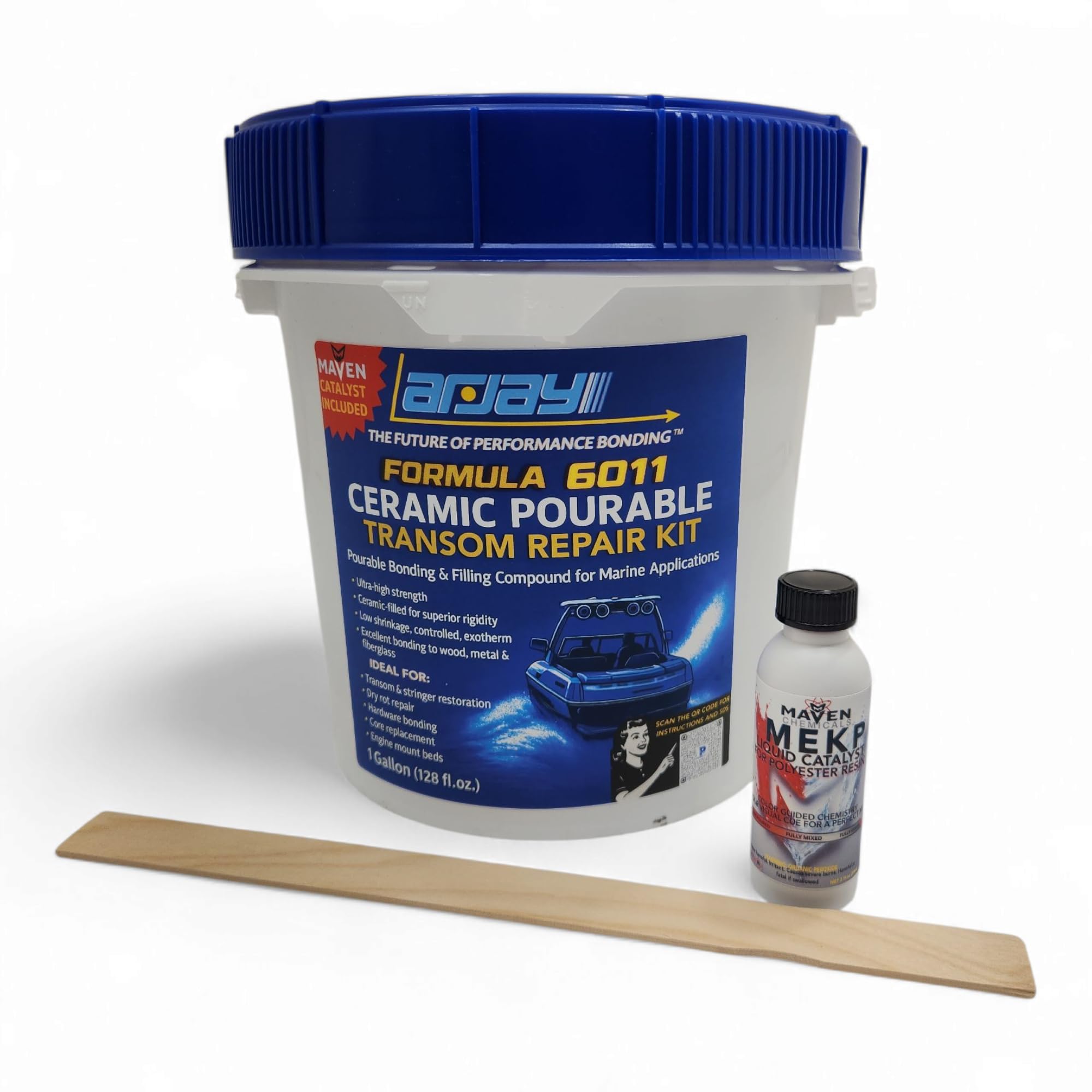 Arjay 6011 Ceramic Pourable Transom Repair Ceramic 1-Gallon Kit (Parts A & B) for Boats & Ships, Power Boats, Wood, Plywood Transom with Catalyst and Mixing Stick