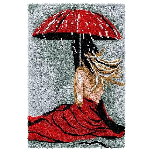 ROCKY&CHAO Knüpfhaken-Teppich-Set DIY-Knüpfhaken Teppichherstellungs-Set für Erwachsene Kinder Kreuzstich-Set Teppichherstellung Heimdekoration 60 x 40 cm （Schönheit des Roten Regenschirms）