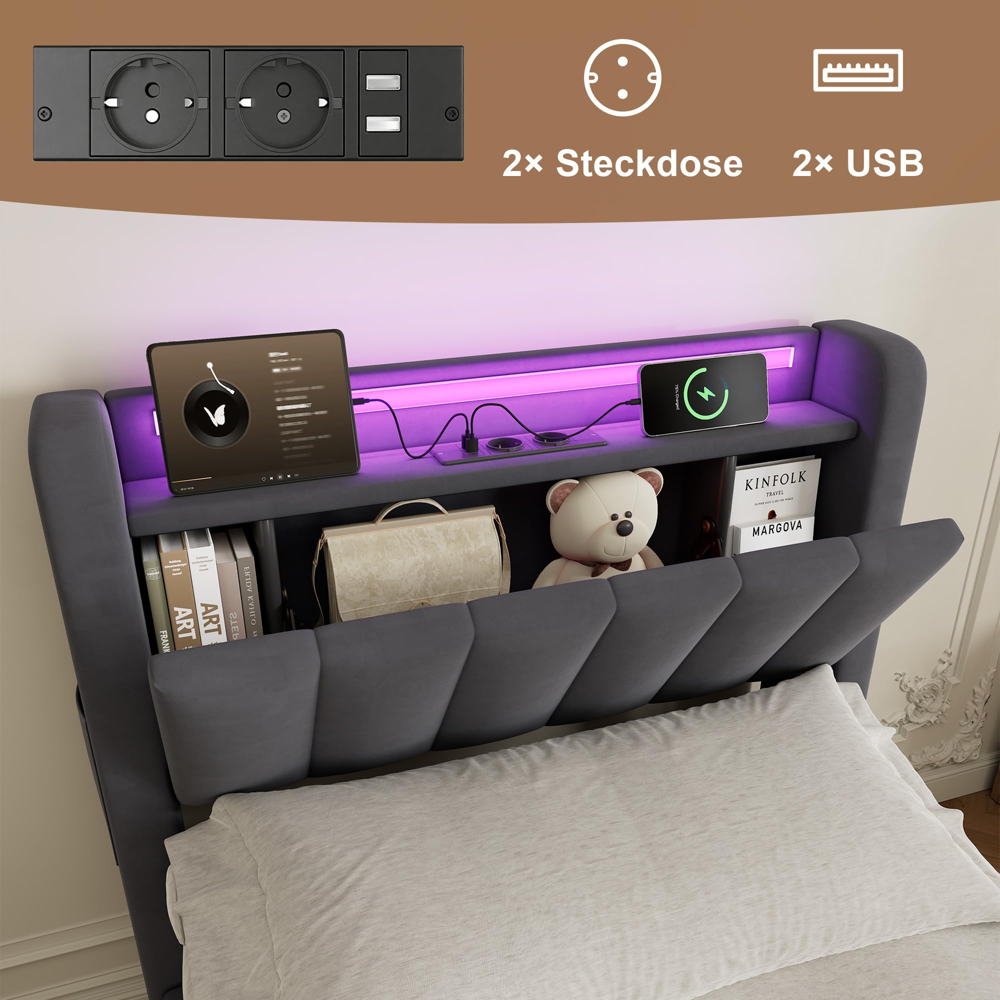 okwish Letto baule 90 x 190 cm con LED e USB, letto imbottito con testiera portaoggetti e contenitore idraulico, in velluto grigio scuro, senza materasso