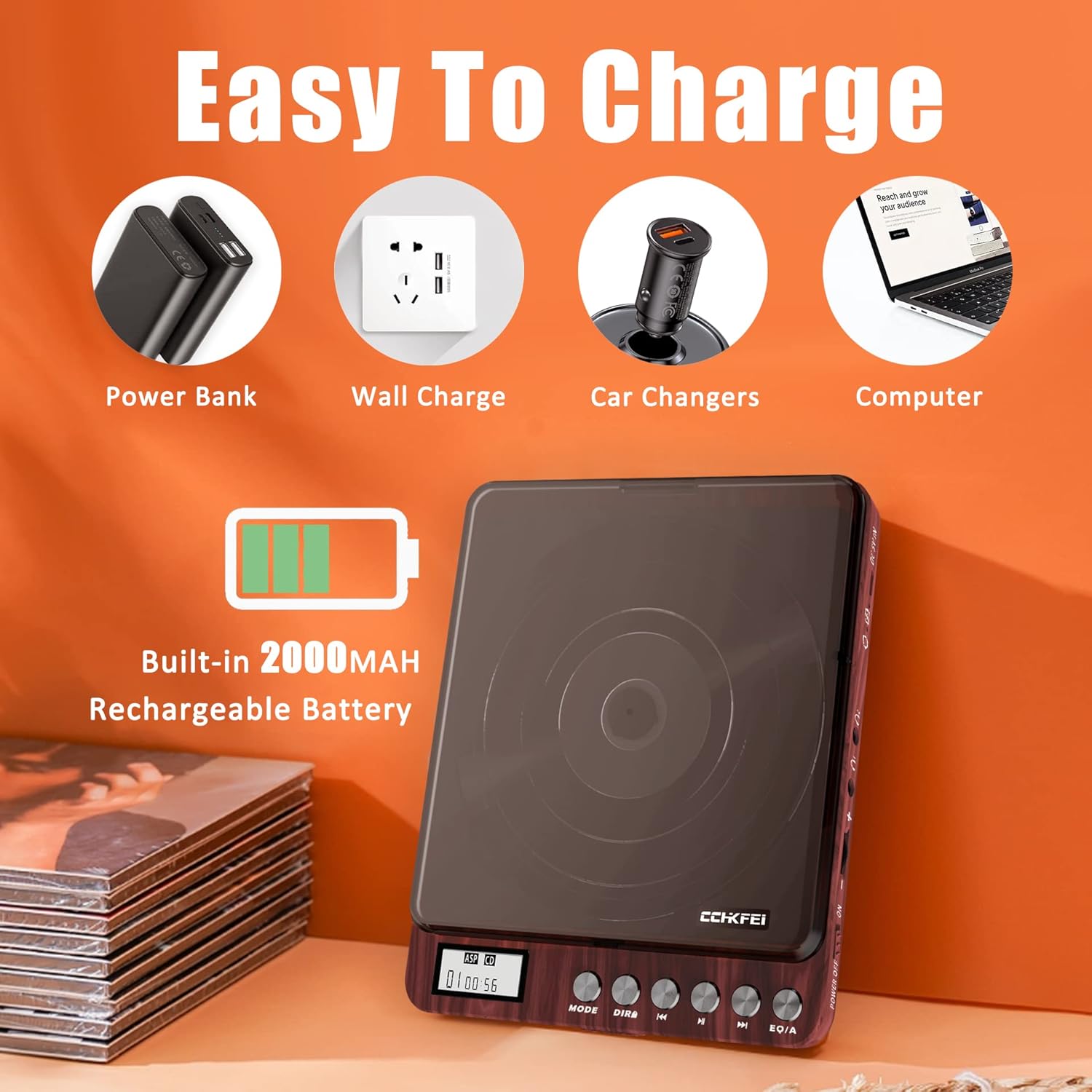 Portable CD Player with Speakers 2000mAh Rechargeable CD Player Portable with Double 3.5mm Headphones Jack,Small Anti-Shock Personal CD Player for Car Aux or Home Music Player