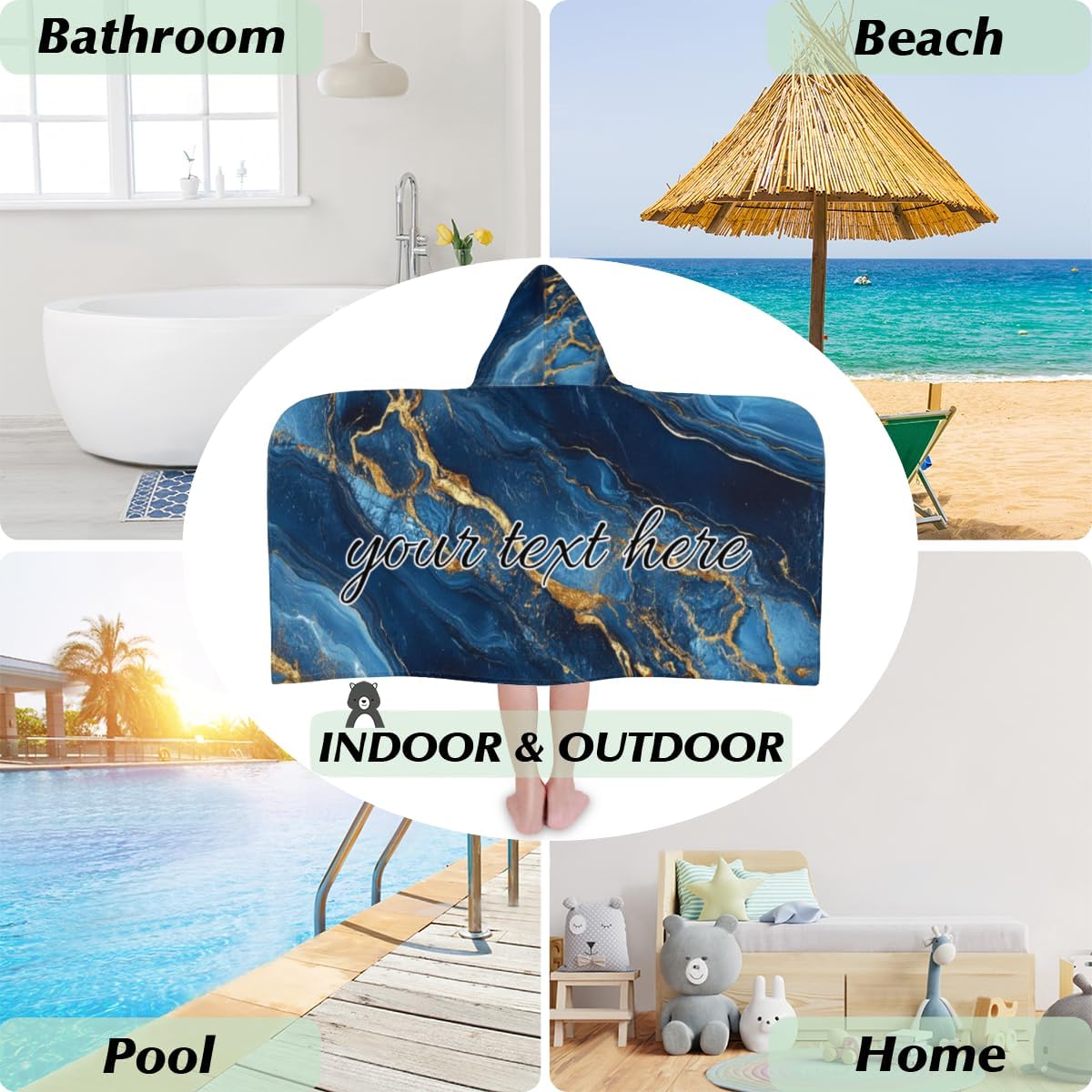 Blue and Gold Marble Personalized Kids Beach Towel for Boys Girls, Modern Custom Name Hooded Bath Towel Quick Dry Absorbent Beach Blanket Pool Swimming Towels