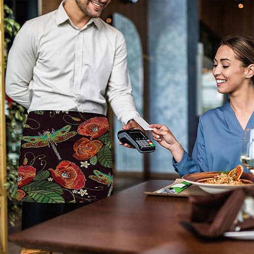 Miniatura 6 de KOBLEN Lotus Dragonfly - Paquete de 3 delantales de servidor con 3 bolsillos, impermeables, delantales de media cintura para mujer, para cocinar,