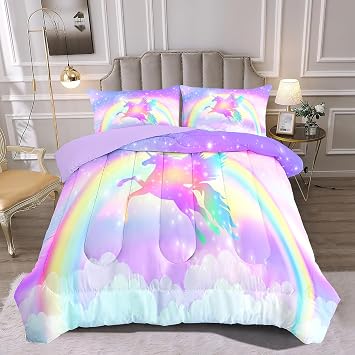 Kids Comforter Bedding Set 3 Pieces Super Soft Breathable Print Kids Bedding Sets for Girls, Machine Washable Durable Comforter Set, 2 Pillowcases RainbowTwin, Purple Unicorn