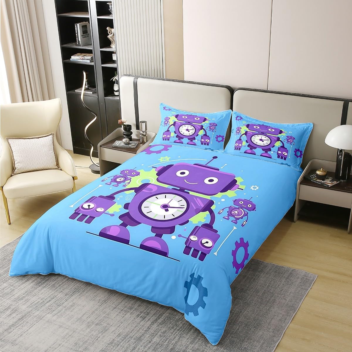 Funny Robot 100% Cotton Comforter Cover Full Kawaii Intelligent Machine Duvet Cover for Kids Boys Girls Sci-Fi Robot Quilt Cover Cartoon Childlike Style Bedding Set with 2 Pillowcases(No Comforter) image 3